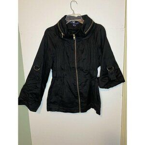 French Connection Black Jacket Parka Hidden Hood Roll-Sleeves Sz 4